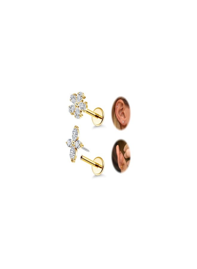 NICEIGHT 2Pcs 16G/18G Titanium Threadless Cartilage Earrings - Flat Back Push in Helix, Tragus, Labret, Monroe Studs - Hypoallergenic Flower Conch Lobe Stud Piercing Jewelry 6/8MM 16G Gold - Image 1